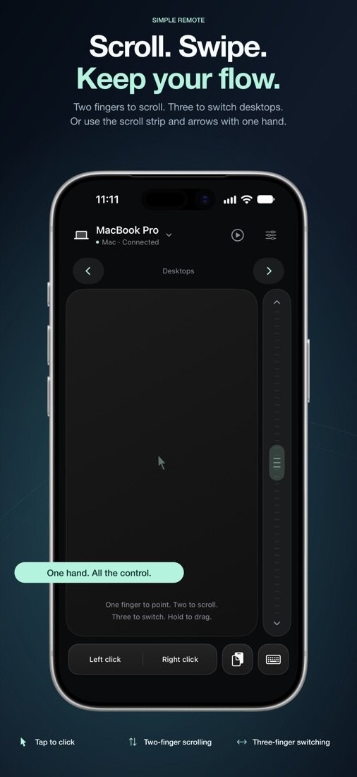 Gestures: two fingers to scroll, three to switch desktops, plus a thumb scroll strip